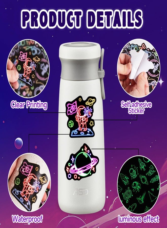 Robmoda مجموعة ملصقات رواد فضاء نيون من روب مودا، 52 قطعة، للأطفال، تتوهج في الظلام، ملصقات فضائية مقاومة للماء لزجاجات المياه، ملصقات فينيل لأجهزة الكمبيوتر المحمولة للمراهقين والشباب والطلاب والبالغين - Image 2