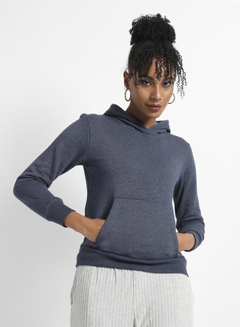 Campus Sutra Women's Teal Heathered Hoodie With Kangaroo Pocket - Image 1
