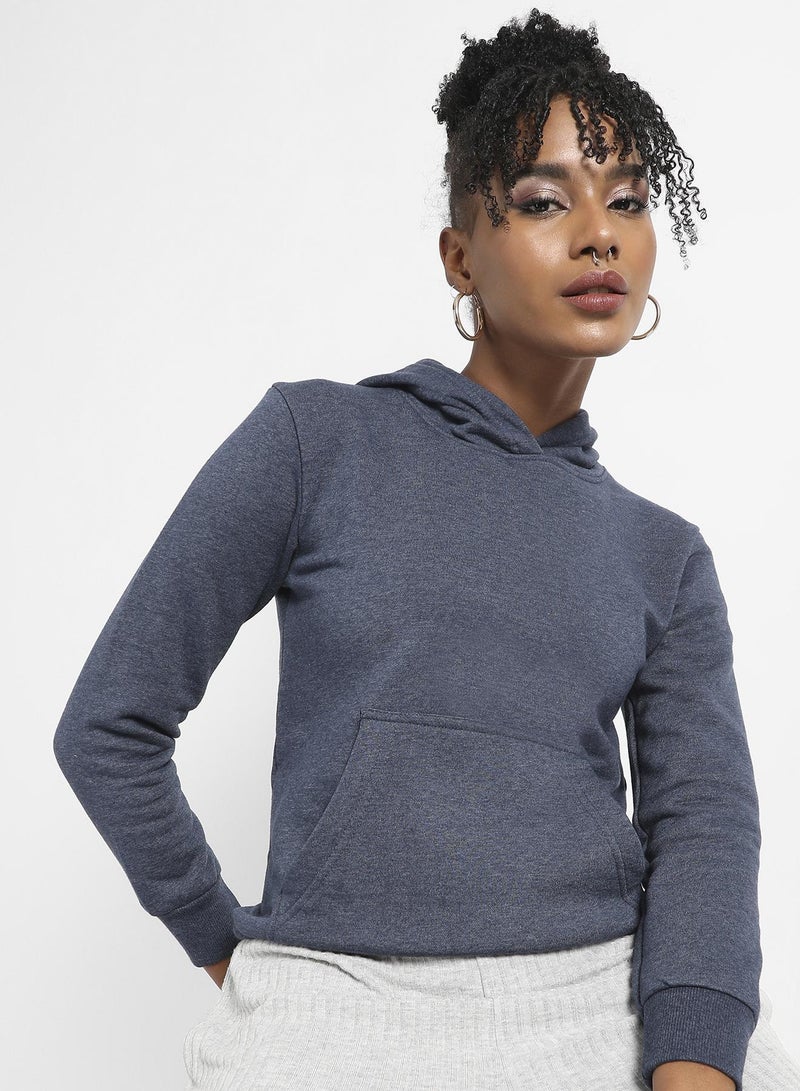 Campus Sutra Women's Teal Heathered Hoodie With Kangaroo Pocket - Image 2