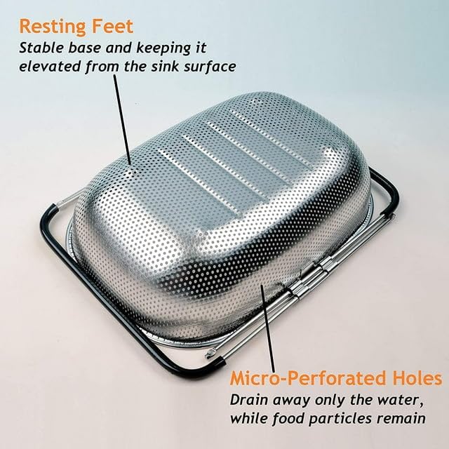 FYCAN Expandable Over The Sink Stainless Steel Strainer Colander Oval Strainer Basket Colander with Rubber Grip Handles Fine Mesh Colander for Kitchen Sink Strain Drain Rinse Fruits Vegetables - Image 2