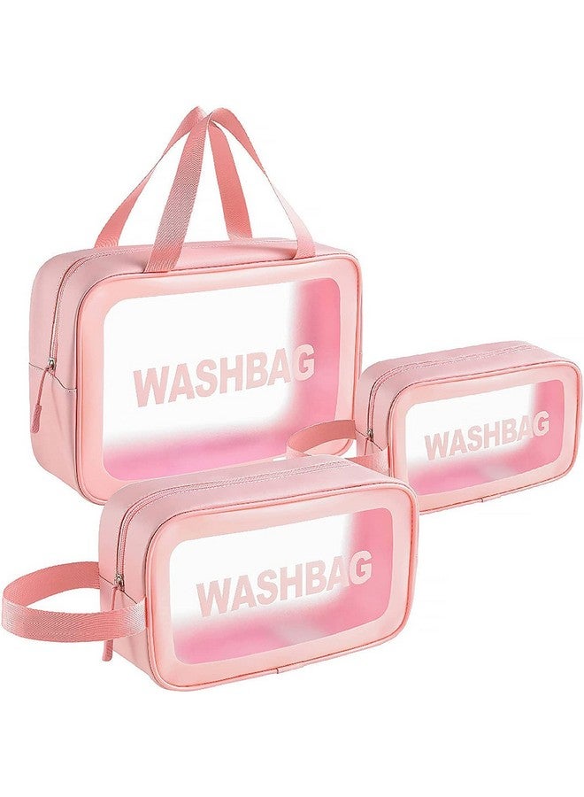 Spellwish Clear Travel Bags for Toiletries, 3Pcs Portable PVC Waterproof Cosmetic Bags, Transparent Travel Storage Carry Pouch, Toiletry Bags and Cosmetics Organizer for Women and Men (Pink) - Image 1