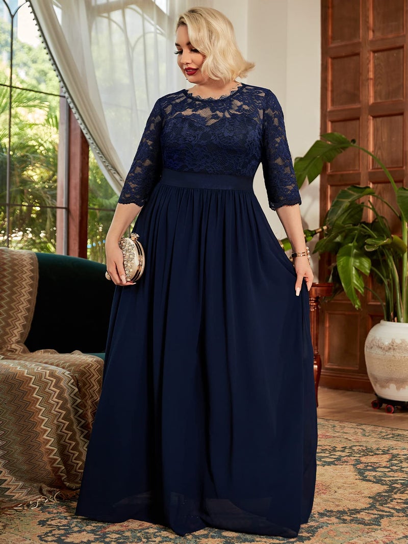 Miusol Women's Formal Floral Lace Plus Size Wedding Maxi Dress A-Navy Blue - Image 3