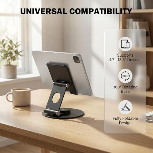 KABCON Swivel Tablet Stand, Aluminum Portable 360°Rotating Holder for Desk,Business,Kitchen,Desktop,Table Stand for iPad Pro 9.7,10.5,12.9/Air Mini,Tab,Fire,Nexus,E-Reader-Black - Image 3