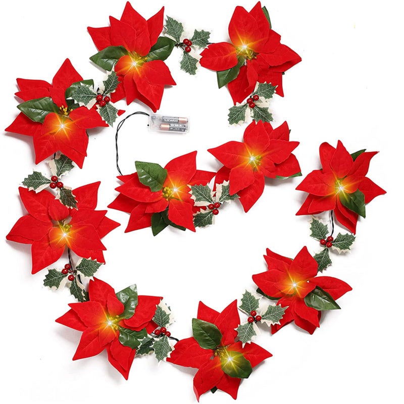 Christmas Poinsettia Garland with Light 65 FT Lighted Artificial Garlands with Red Flowers and Berries Battery Operated Poinsettia String Lights Light up for Xmas New Year Home Dcor