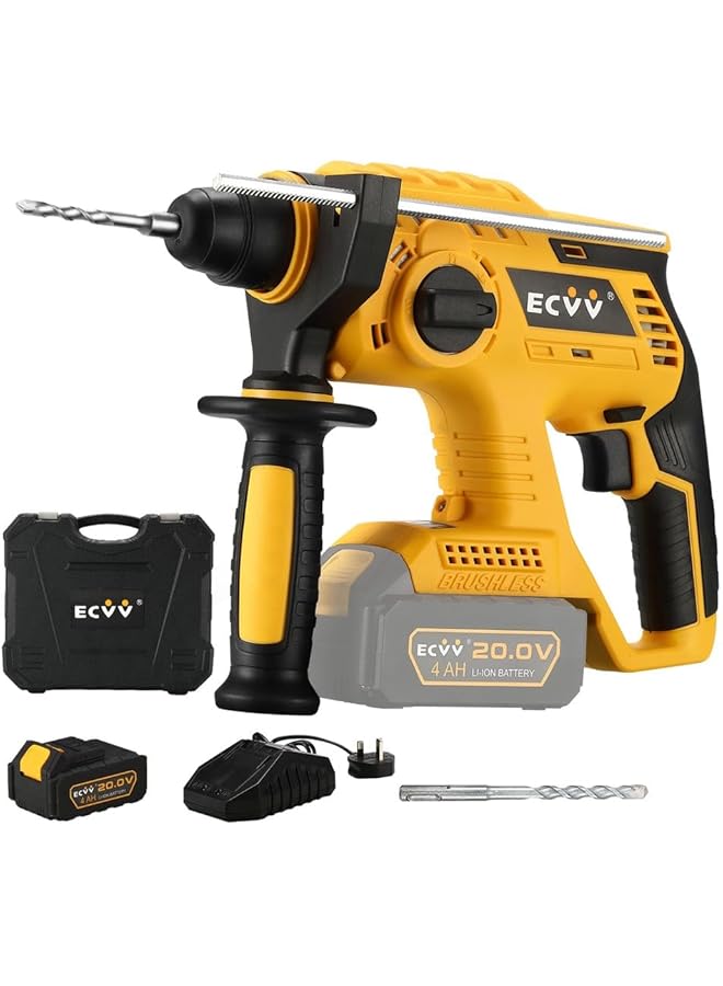 erorex Rotary Hammer 20V Cordless Brushless Hammer Drill Kit Includes 1 X 4Ah Battery With Sds Plus Chuck 4 Modes Safety Clutch 360°Rotating Auxiliary Handle For Concrete Metal And Wood Drilling - Image 1