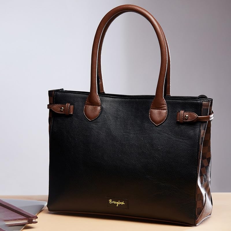 Berrylush Women Solid Black & Brown Side Checked Pattern PU Regular Tasselled Tote Shoulder Bag - Image 2