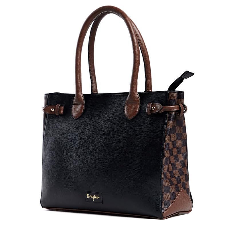 Berrylush Women Solid Black & Brown Side Checked Pattern PU Regular Tasselled Tote Shoulder Bag - Image 3
