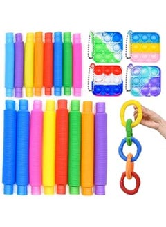 Generic MEIEST 20 PCS Fidget Sensory Toy Pack,8 Multi-Color Big Pop Tubes and 8 Mini Decompression Stretch Pull Tubes,4 Mini Pop Bubble Square Silicone Key-Chain Toy,DIY Activities Office Desk Toys 