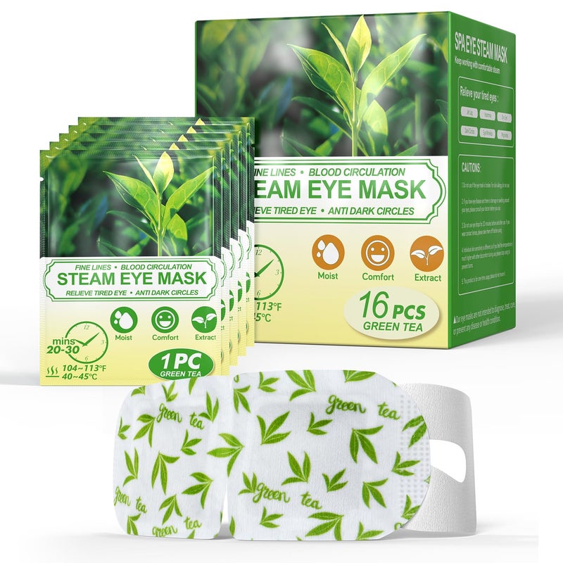 ProCIV 16 Packs Steam Eye Masks for Dry Eyes, Green Tea Warm Eye Mask, Relief Eye Fatigue & Puffy Eyes, Moist Heating Compress for Eyes, Self Heated Eye Mask, Disposable Travel Essentials & Relaxation Sets - Image 1