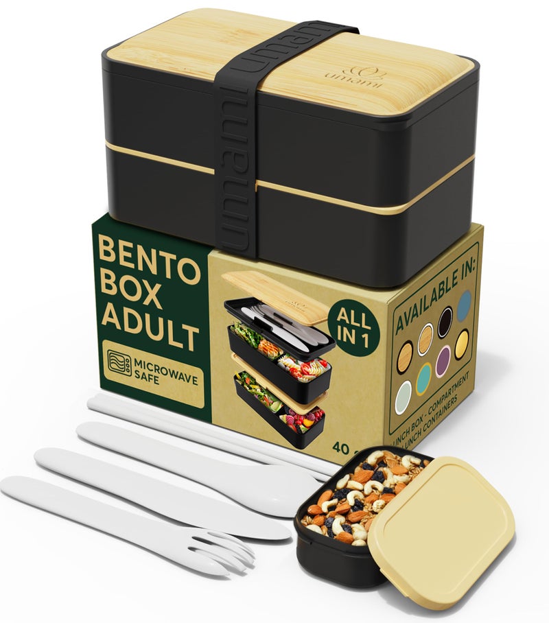 Umami Bento Box Adult All-In-1 w/4 Utensils, Big Sauce Jar, 2 Dividers, 100% Leakproof, Microwave & Dishwasher Safe, Stackable Bento Lunch Box Containers for Men/Women, Black & Bamboo, 40 oz - Image 1