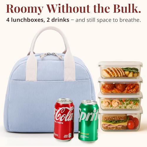 LOVELYWIND Insulated Cloud Blue Lunch Bag for Women Stylish Corduroy Tote with Aluminum Lining Large Capacity Reusable Cooler for Work Travel Beach or Picnic Cloud Blue WaterResistant Lunch Box - Image 3