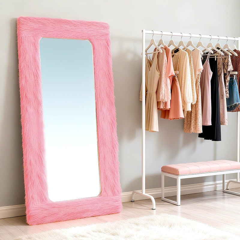 MTWENWENZY Fluffy Full Length Mirror Cover Universal Ultra Soft Non-Slip Border with Adhesive Tape Pink Fuzzy Frame Decor for Standing Mirror Bedroom Cloakroom Home Decor Women Gifts (pink, 64 x 21 Inch) - Image 4