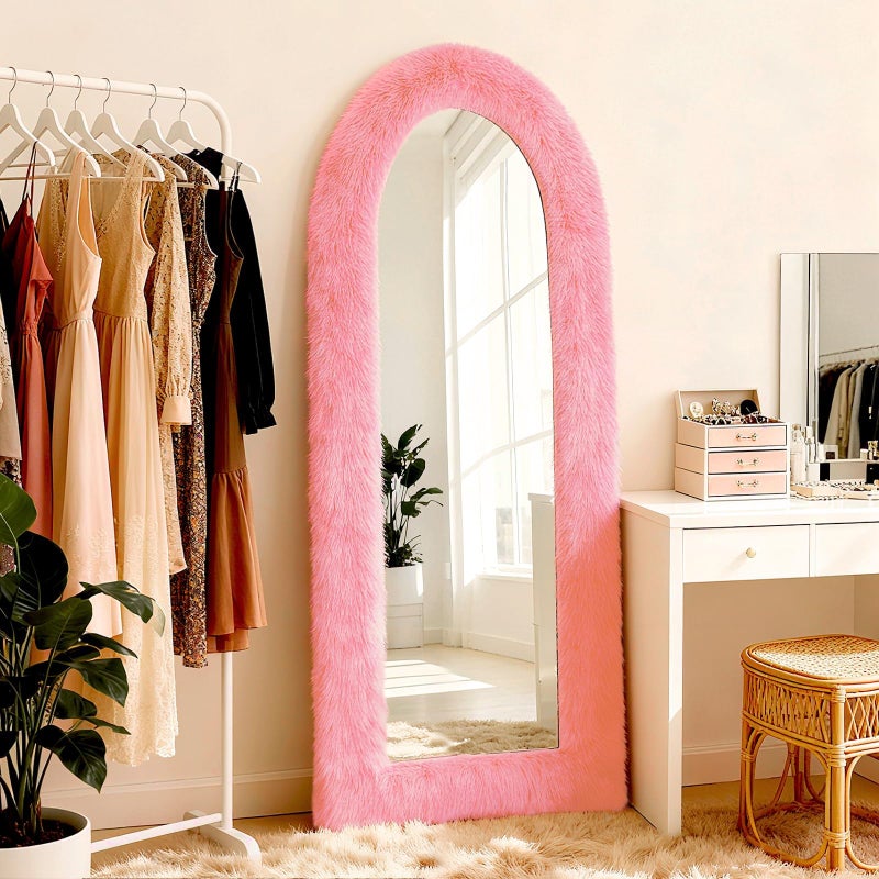 MTWENWENZY Fluffy Full Length Mirror Cover Universal Ultra Soft Non-Slip Border with Adhesive Tape Pink Fuzzy Frame Decor for Standing Mirror Bedroom Cloakroom Home Decor Women Gifts (pink, 64 x 21 Inch) - Image 3