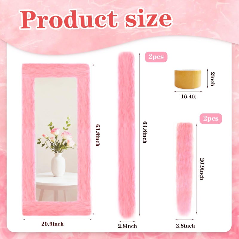 MTWENWENZY Fluffy Full Length Mirror Cover Universal Ultra Soft Non-Slip Border with Adhesive Tape Pink Fuzzy Frame Decor for Standing Mirror Bedroom Cloakroom Home Decor Women Gifts (pink, 64 x 21 Inch) - Image 2