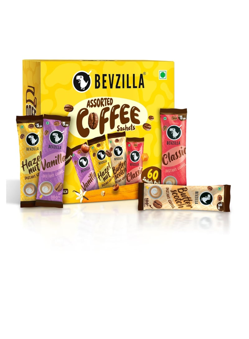 Bevzilla 60 Instant Coffee Powder Sachets 4 Flavours 120 Grams  Turkish Hazelnut Colombian Gold  French Vanilla and English Butterscotch 15 Sachets Each Flavour  Makes 60 Cups  - Image 1