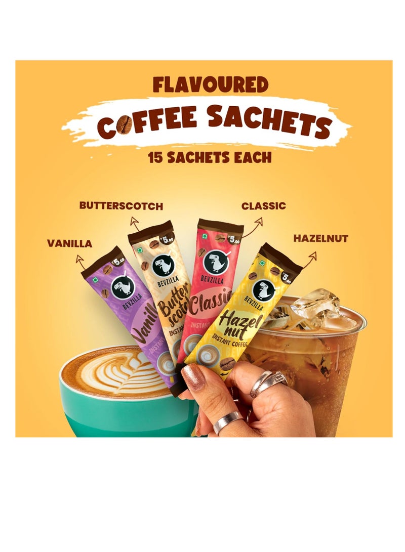 Bevzilla 60 Instant Coffee Powder Sachets 4 Flavours 120 Grams  Turkish Hazelnut Colombian Gold  French Vanilla and English Butterscotch 15 Sachets Each Flavour  Makes 60 Cups  - Image 3