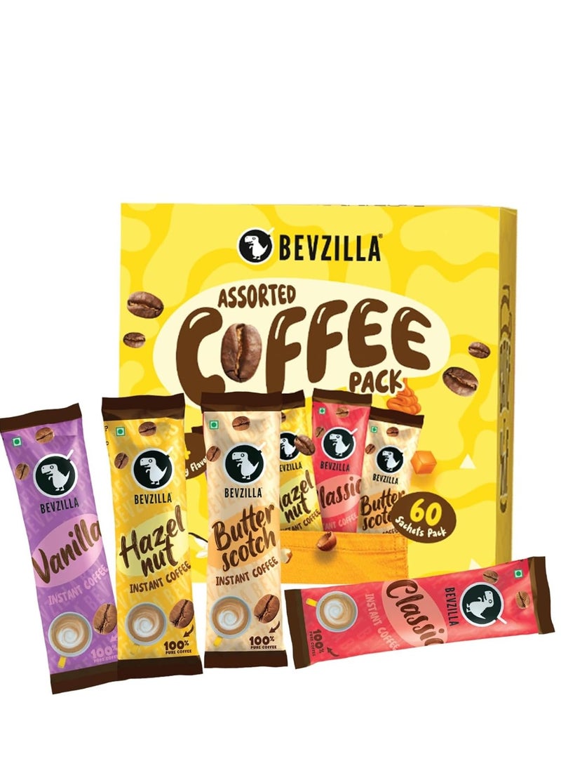 Bevzilla 60 Instant Coffee Powder Sachets 4 Flavours 120 Grams  Turkish Hazelnut Colombian Gold  French Vanilla and English Butterscotch 15 Sachets Each Flavour  Makes 60 Cups - Image 1