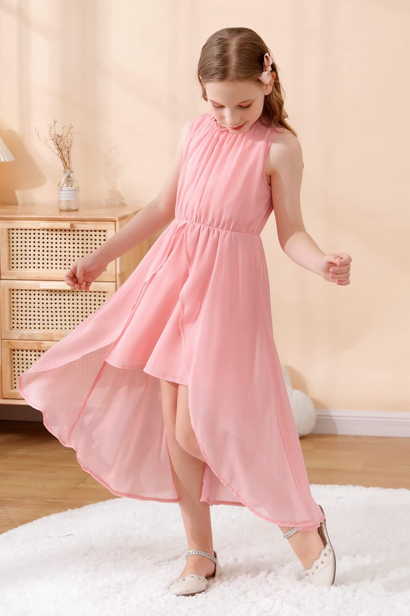 GORLYA Girls Sleeveless Ruffle Neck Hi-Lo Hem Overlay Formal Occasin Chiffon Long Party Dress 4-14T(GOR1154,10Y,Pink) - Image 4