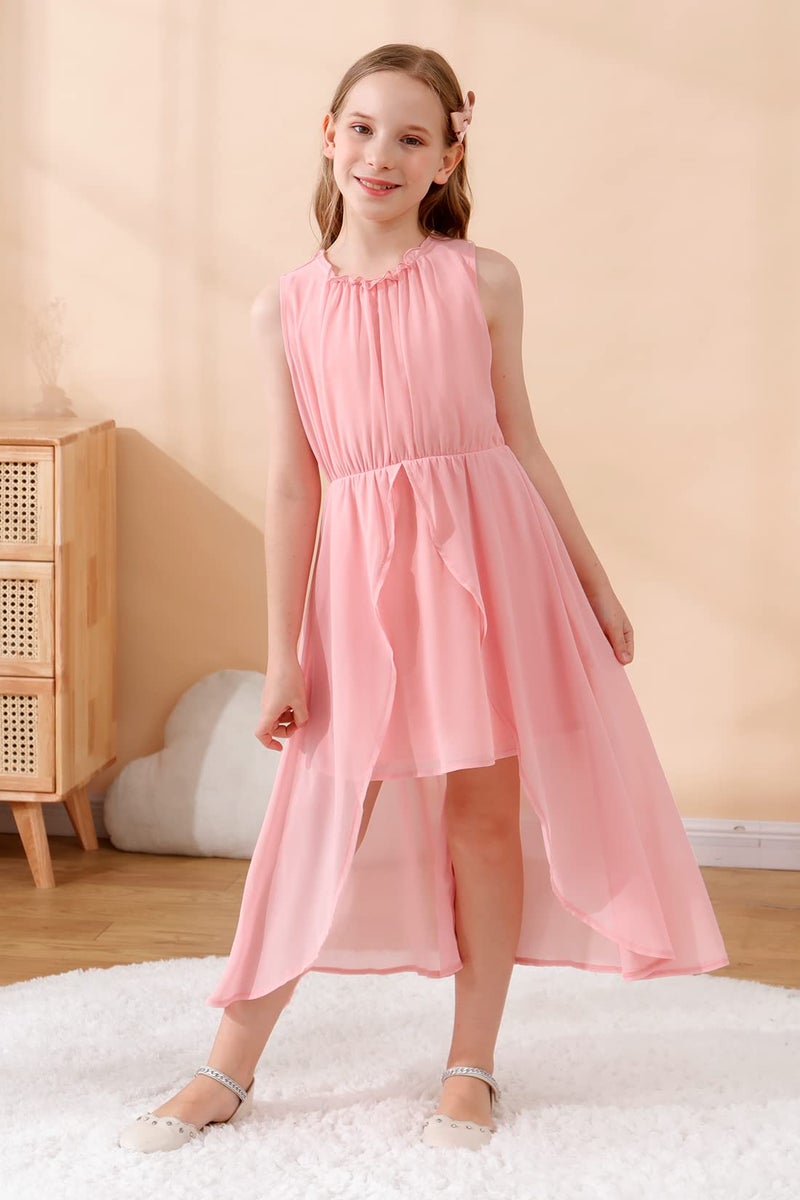 GORLYA Girls Sleeveless Ruffle Neck Hi-Lo Hem Overlay Formal Occasin Chiffon Long Party Dress 4-14T(GOR1154,10Y,Pink) - Image 3