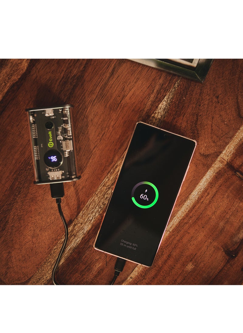 Evolt - PB-200 10,000 MAH Transparent Powerbank with Type-C (PD) & USB-A outputs for fast charging & Digital Battery Display - Image 1