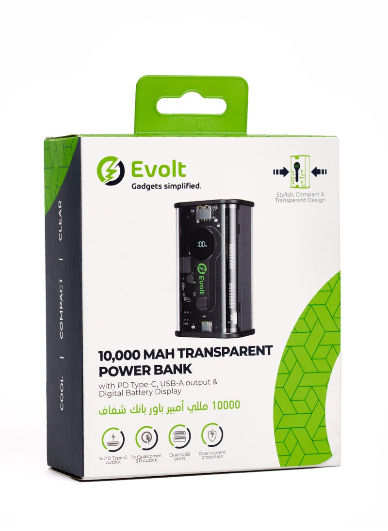 Evolt - PB-200 10,000 MAH Transparent Powerbank with Type-C (PD) & USB-A outputs for fast charging & Digital Battery Display - Image 1