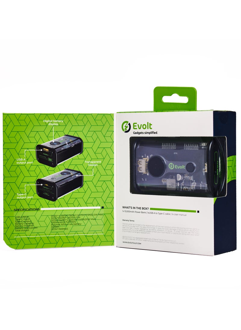 Evolt - PB-200 10,000 MAH Transparent Powerbank with Type-C (PD) & USB-A outputs for fast charging & Digital Battery Display - Image 1