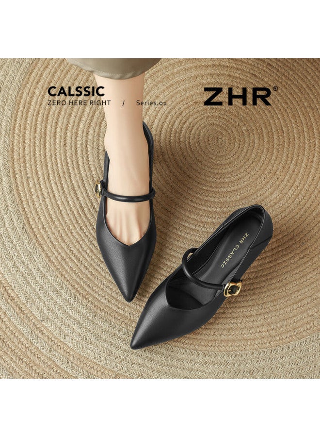 Zhr Zese Mary Jane Women's Pointed Toe Summer Single Shoes Shallow Mouth Chunky Heel One-strap Shoes Bl379f Black 37 - Image 1