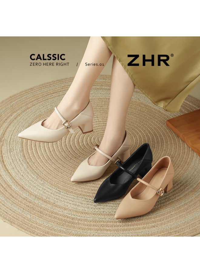 Zhr Zese Mary Jane Women's Pointed Toe Summer Single Shoes Shallow Mouth Chunky Heel One-strap Shoes Bl379f Black 37 - Image 2