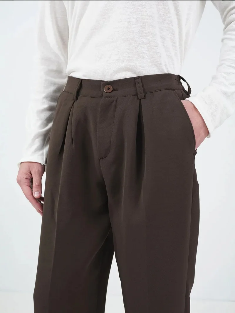 Giesto Coffee Brown GIESTO Mid Waist Pleated Tailored Trousers for Men | Best Price UAE