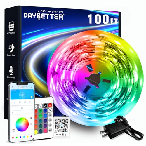 DAYBETTER LED Strip Lights 100ft RGB Lights Strip for Bedroom, Desk, Indoor Room Living Room Brithday Gifts Home Decor with Remote, 24V Power Supply - Image 1