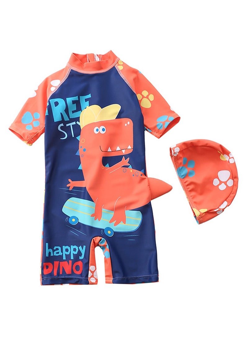 كرتون لطيف الديناصور مطبوعة الأولاد قطعة واحدة ملابس السباحة الصيف الشاطئ حمام السباحة الأساسية ملابس السباحة سريعة الجفاف للأولاد الصغار عالية المرونة Comfortbale حماية الأشعة فوق البنفسجية ملابس السباحة للأطفال للابن مع القبعة - Image 1
