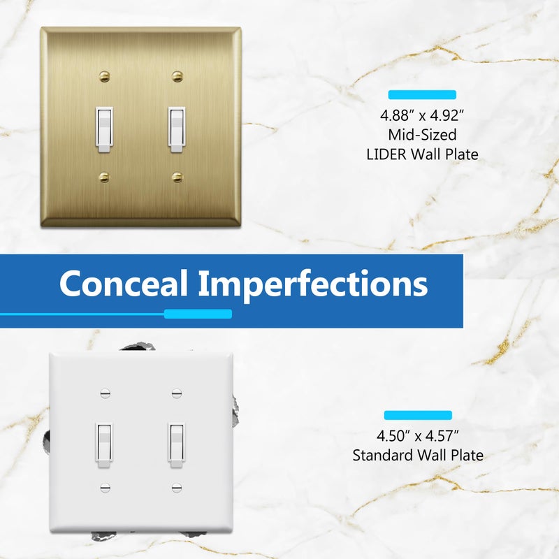 LIDER Toggle Light Switch Metal Wall Plate, Stainless Steel Switch Cover, Corrosion Resistant, Mid-Size 2-Gang 4.88" x 4.92", 201 Stainless Steel, LMWP-12M-BB, Brushed Brass - Image 3
