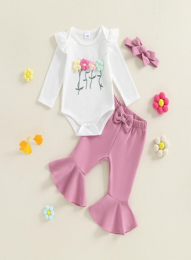 Douhoow Fall Baby Girl Clothes Crochet Flower Embroidery Baby Girl Romper Flared Pants Headband Infant Girl Festival Outfits (White, 3-6 Months) - Image 2