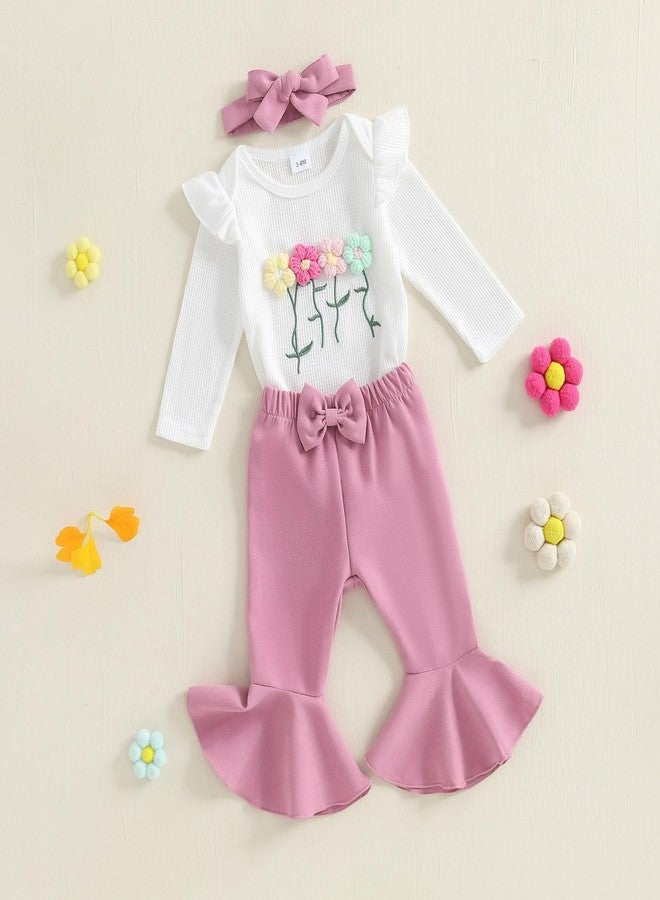 Douhoow Fall Baby Girl Clothes Crochet Flower Embroidery Baby Girl Romper Flared Pants Headband Infant Girl Festival Outfits (White, 3-6 Months) - Image 3