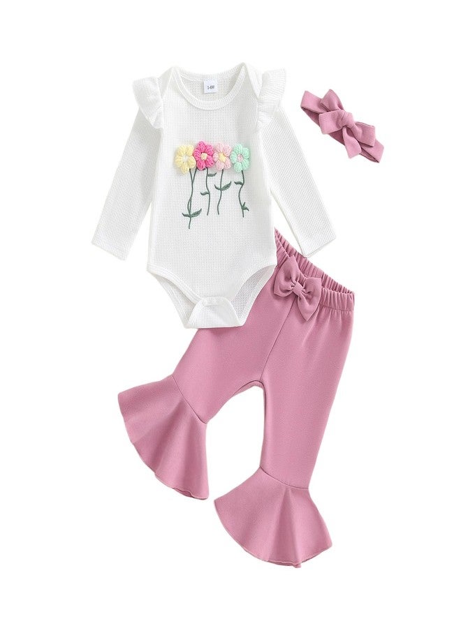 Douhoow Fall Baby Girl Clothes Crochet Flower Embroidery Baby Girl Romper Flared Pants Headband Infant Girl Festival Outfits (White, 3-6 Months) - Image 1