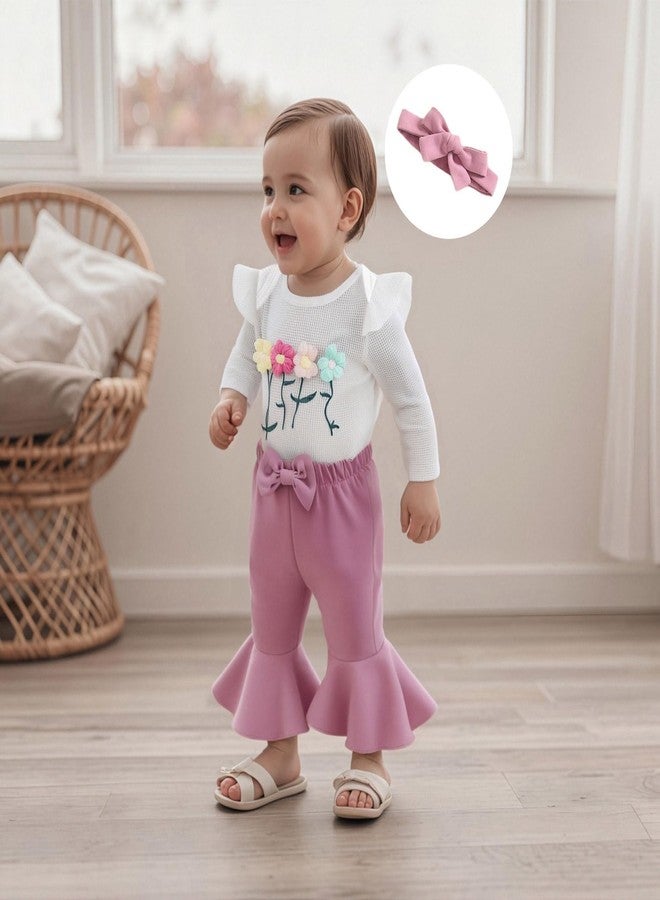 Douhoow Fall Baby Girl Clothes Crochet Flower Embroidery Baby Girl Romper Flared Pants Headband Infant Girl Festival Outfits (White, 3-6 Months) - Image 5
