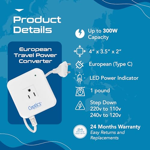 Ceptics 300W Step Down Converter 220 to 110v, Converts Voltage 220V/240V to 110V/120V, Use USA/Canada Appliances in India, Perfect for Hair Straighteners, Laptops, and Chargers, CE Certified - Image 5