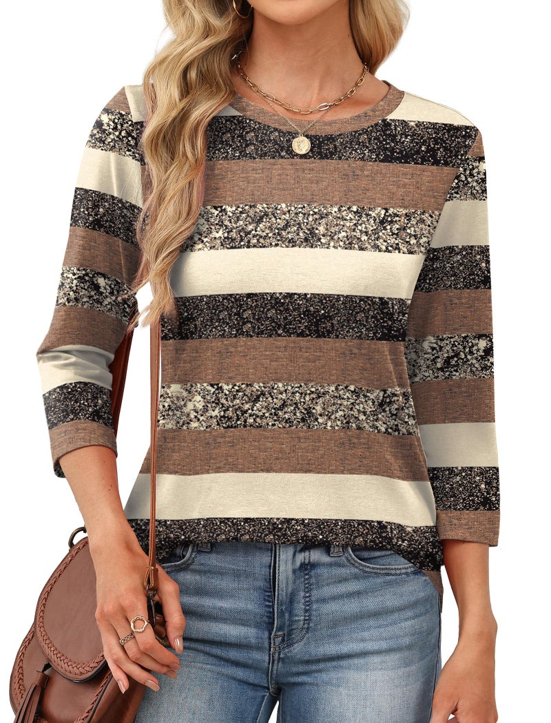 OFEEFAN Fall Fashion Must Haves Chocolate Brown Fall Clothes 3/4 Length Sleeve Womens Tops Dressy Casual T Shirts Brown Stripes L - Image 4