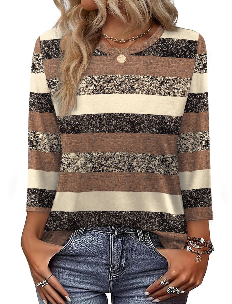 OFEEFAN Fall Fashion Must Haves Chocolate Brown Fall Clothes 3/4 Length Sleeve Womens Tops Dressy Casual T Shirts Brown Stripes L - Image 1