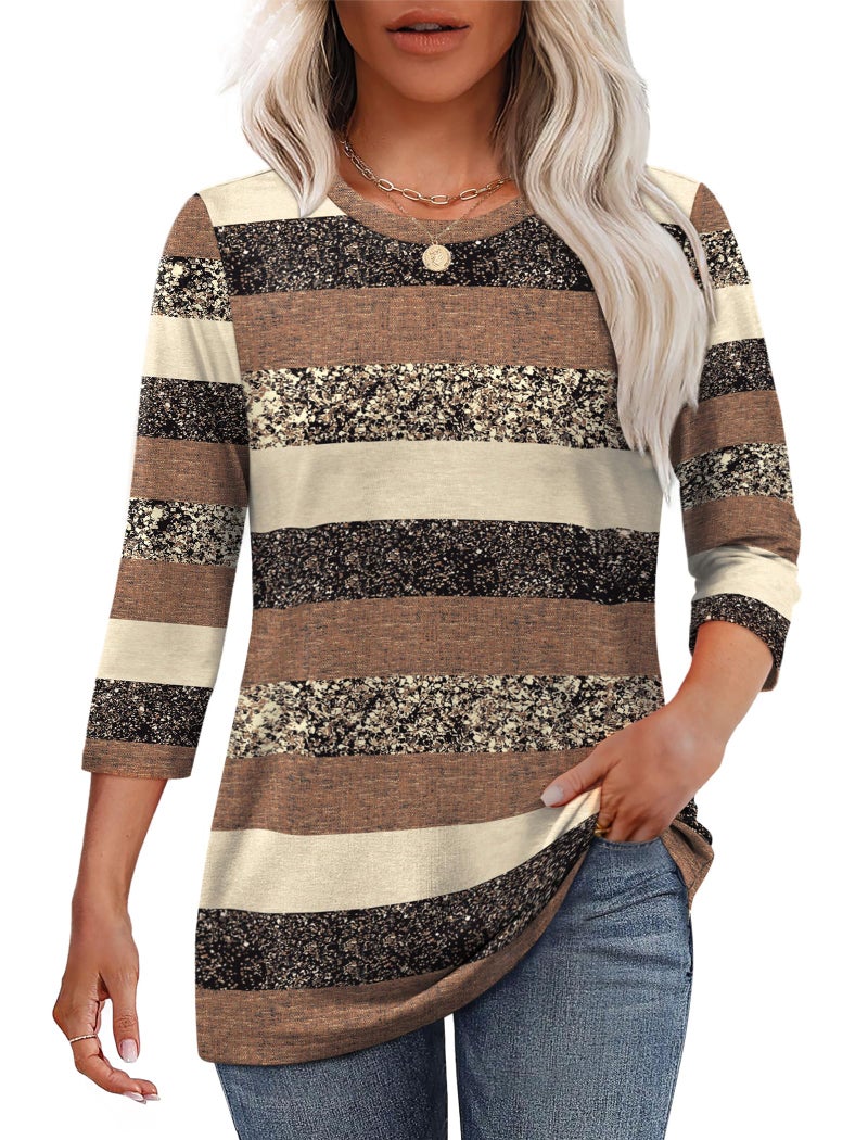 OFEEFAN Fall Fashion Must Haves Chocolate Brown Fall Clothes 3/4 Length Sleeve Womens Tops Dressy Casual T Shirts Brown Stripes L - Image 2