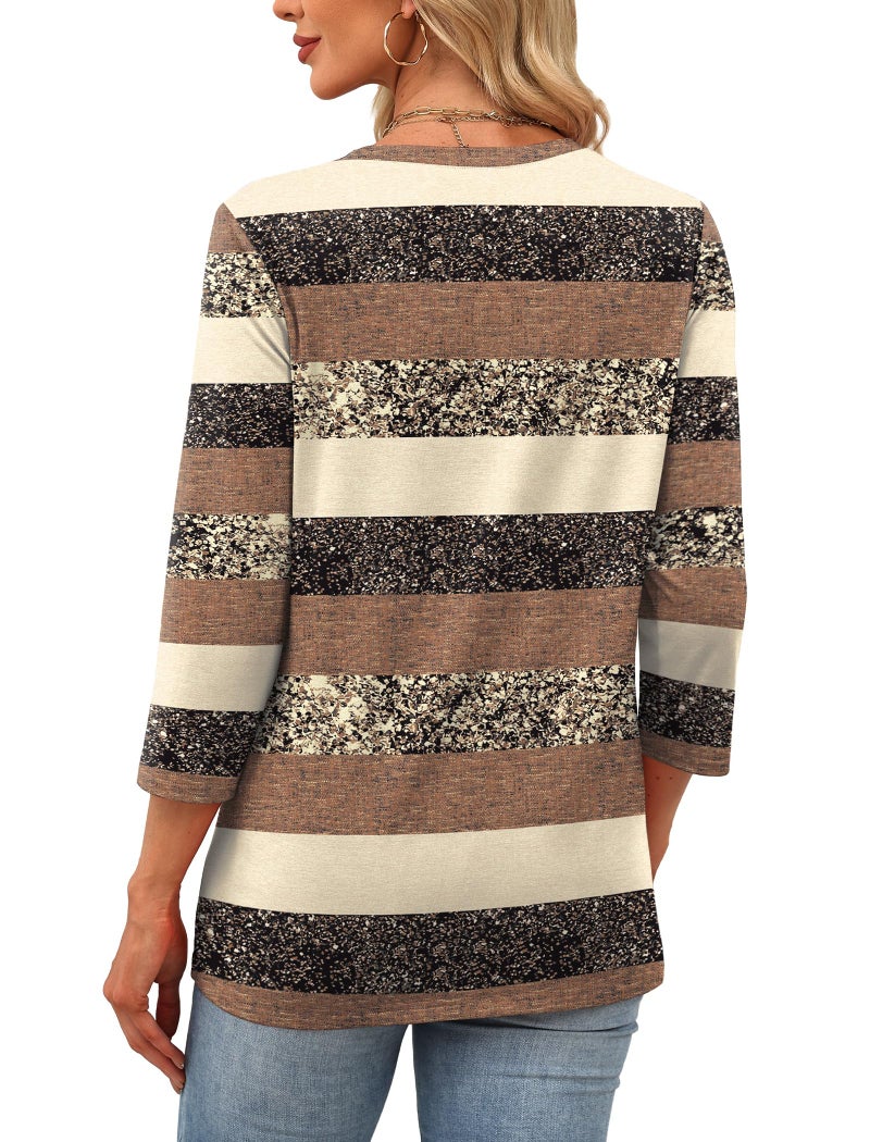 OFEEFAN Fall Fashion Must Haves Chocolate Brown Fall Clothes 3/4 Length Sleeve Womens Tops Dressy Casual T Shirts Brown Stripes L - Image 5