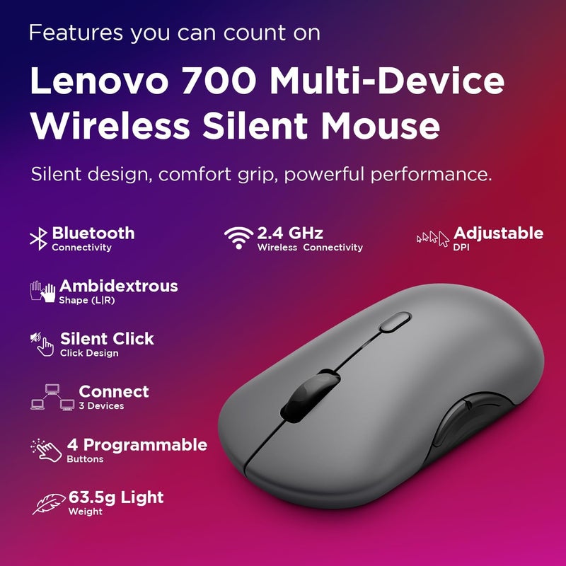 لينوفو 700 – Multi-Device Wireless Silent Mouse (Infrared Optical, USB Receiver, Bluetooth 5.3 Dual, Ergonomic, Ambidextrous, x1 AA Battery, Easy Change Between 3 Devices) – Grey Grey - Image 2