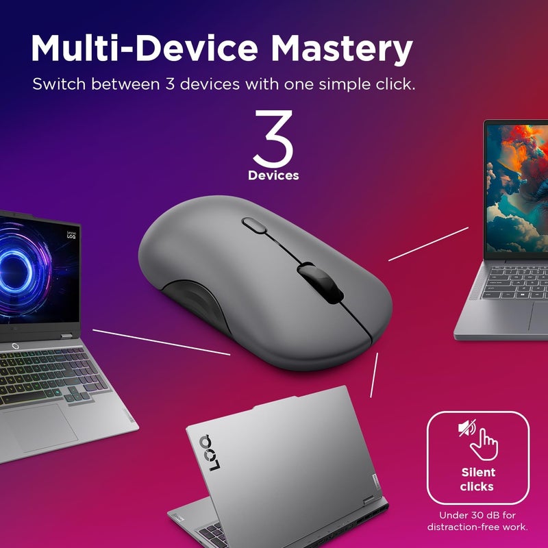 لينوفو 700 – Multi-Device Wireless Silent Mouse (Infrared Optical, USB Receiver, Bluetooth 5.3 Dual, Ergonomic, Ambidextrous, x1 AA Battery, Easy Change Between 3 Devices) – Grey Grey - Image 3