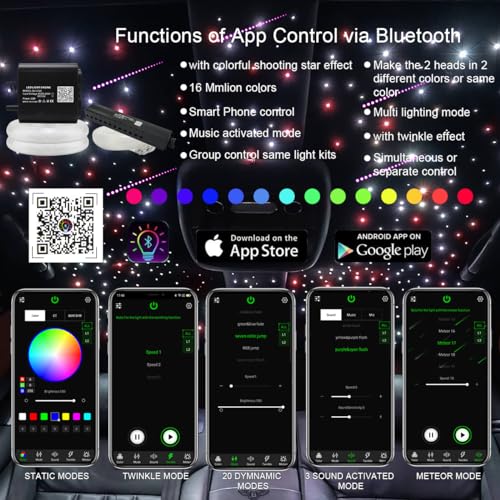 AKEPO 20W RGBW Twinkle APP Dual-Head Colorful Shooting Star Fiber Optic Lights, 1300pcs 0.03in 13.1ft Optical Fiber Star Ceiling Light Kit for Car Headliner Star/Home - Image 2