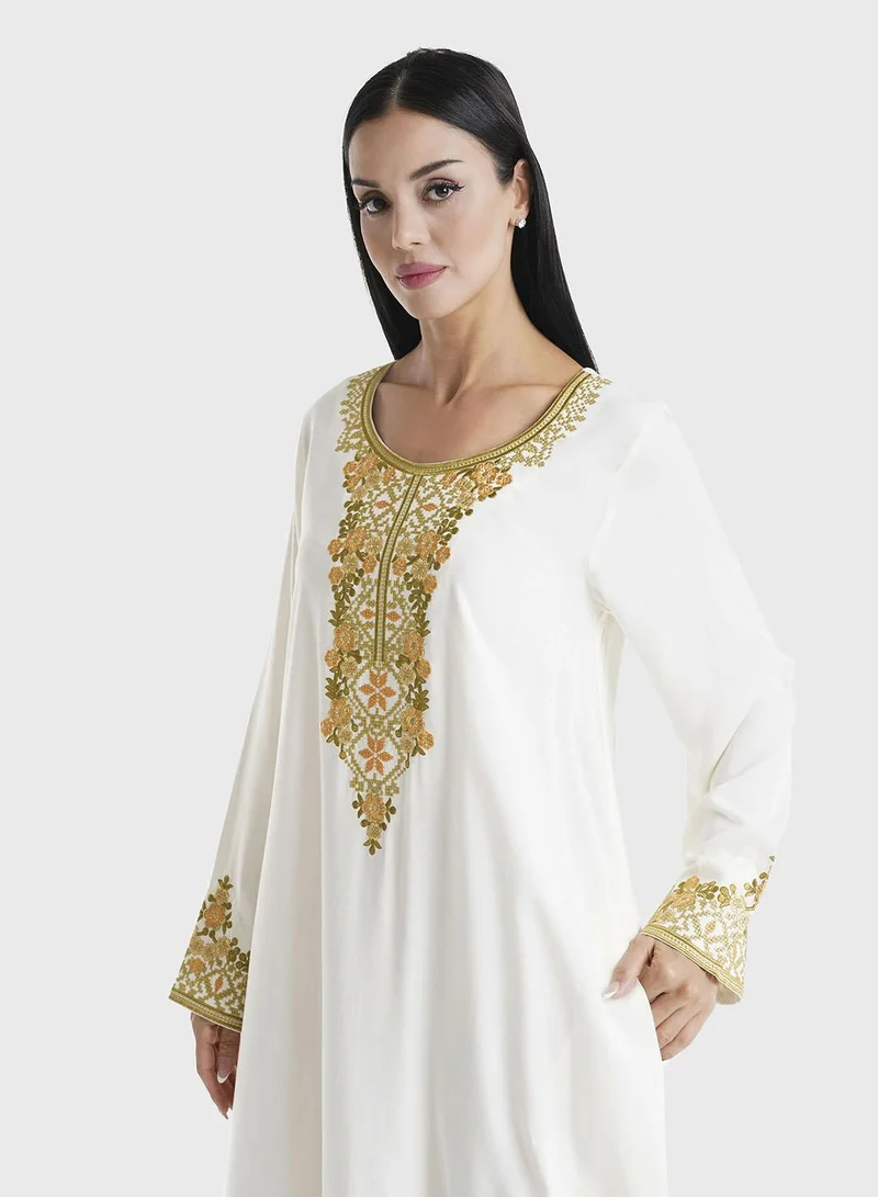 KASHKHA Cream Solid Solid Rayon Home Wear Jalabiya (VG2864)