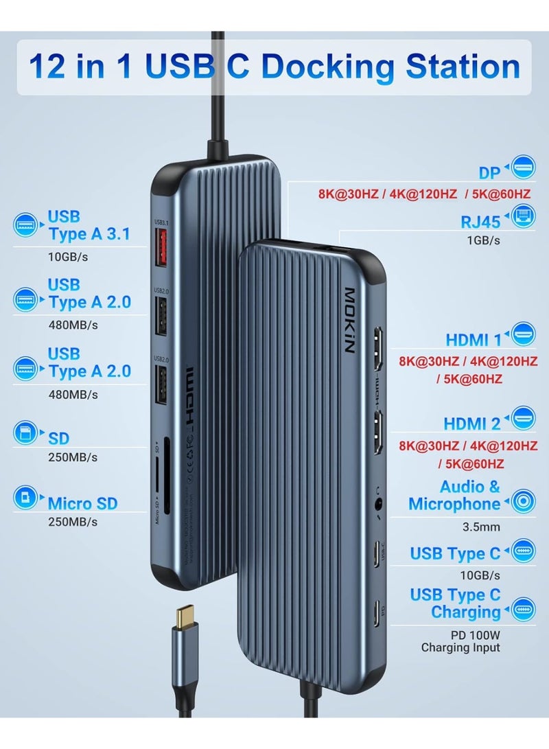موكين قاعدة توصيل USB C مزدوجة الشاشة لشاشة واحدة بدقة 8K، وشاشة مزدوجة/ثلاثية بدقة 4K مع منفذي HDMI، ومنفذ DisplayPort، ومنفذ USB 3.1، ومنفذ USB C 3.1، ومنفذي USB 2.0، وفتحة SD وMicroSD، ومقبس صوت وميكروفون، وشحن إيثرنت وPD - Image 4