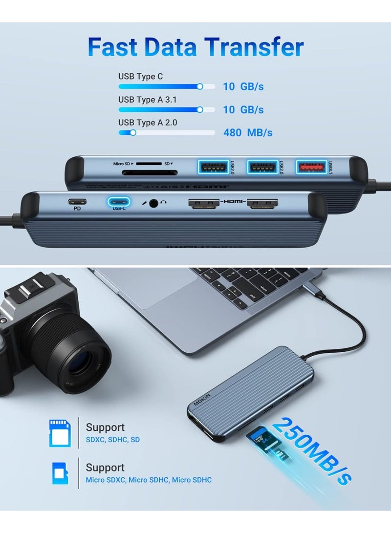 موكين قاعدة توصيل USB C مزدوجة الشاشة لشاشة واحدة بدقة 8K، وشاشة مزدوجة/ثلاثية بدقة 4K مع منفذي HDMI، ومنفذ DisplayPort، ومنفذ USB 3.1، ومنفذ USB C 3.1، ومنفذي USB 2.0، وفتحة SD وMicroSD، ومقبس صوت وميكروفون، وشحن إيثرنت وPD - Image 5