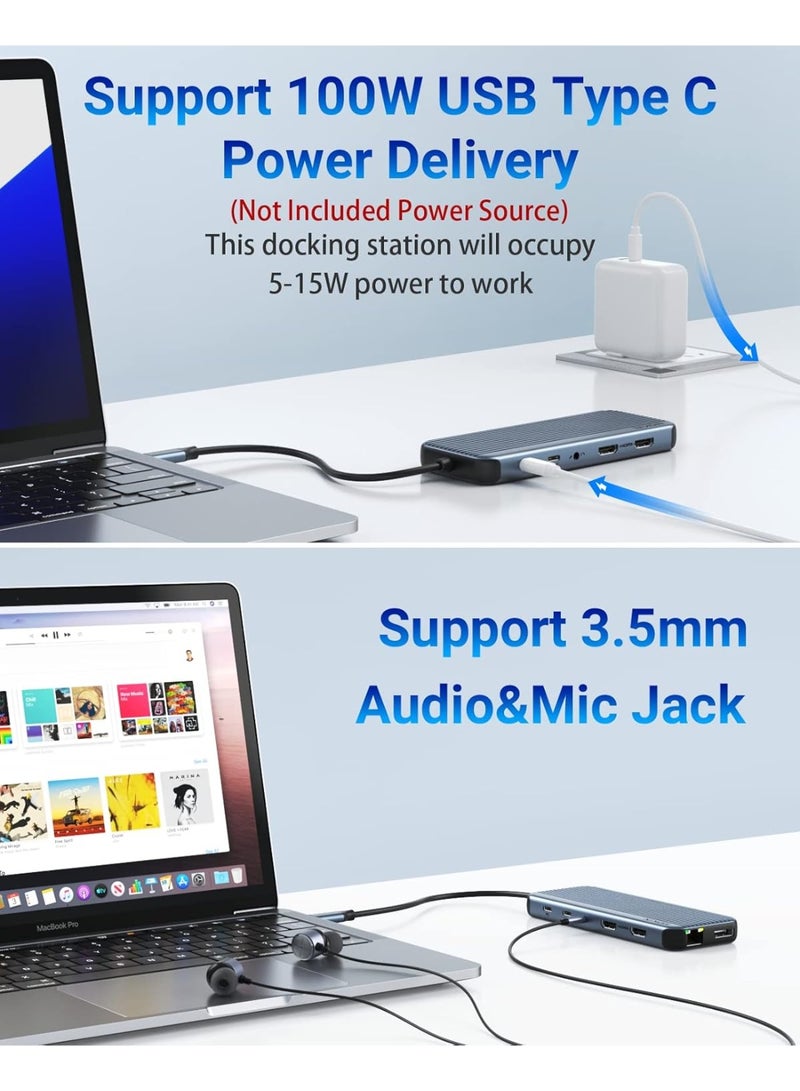 موكين قاعدة توصيل USB C مزدوجة الشاشة لشاشة واحدة بدقة 8K، وشاشة مزدوجة/ثلاثية بدقة 4K مع منفذي HDMI، ومنفذ DisplayPort، ومنفذ USB 3.1، ومنفذ USB C 3.1، ومنفذي USB 2.0، وفتحة SD وMicroSD، ومقبس صوت وميكروفون، وشحن إيثرنت وPD - Image 3