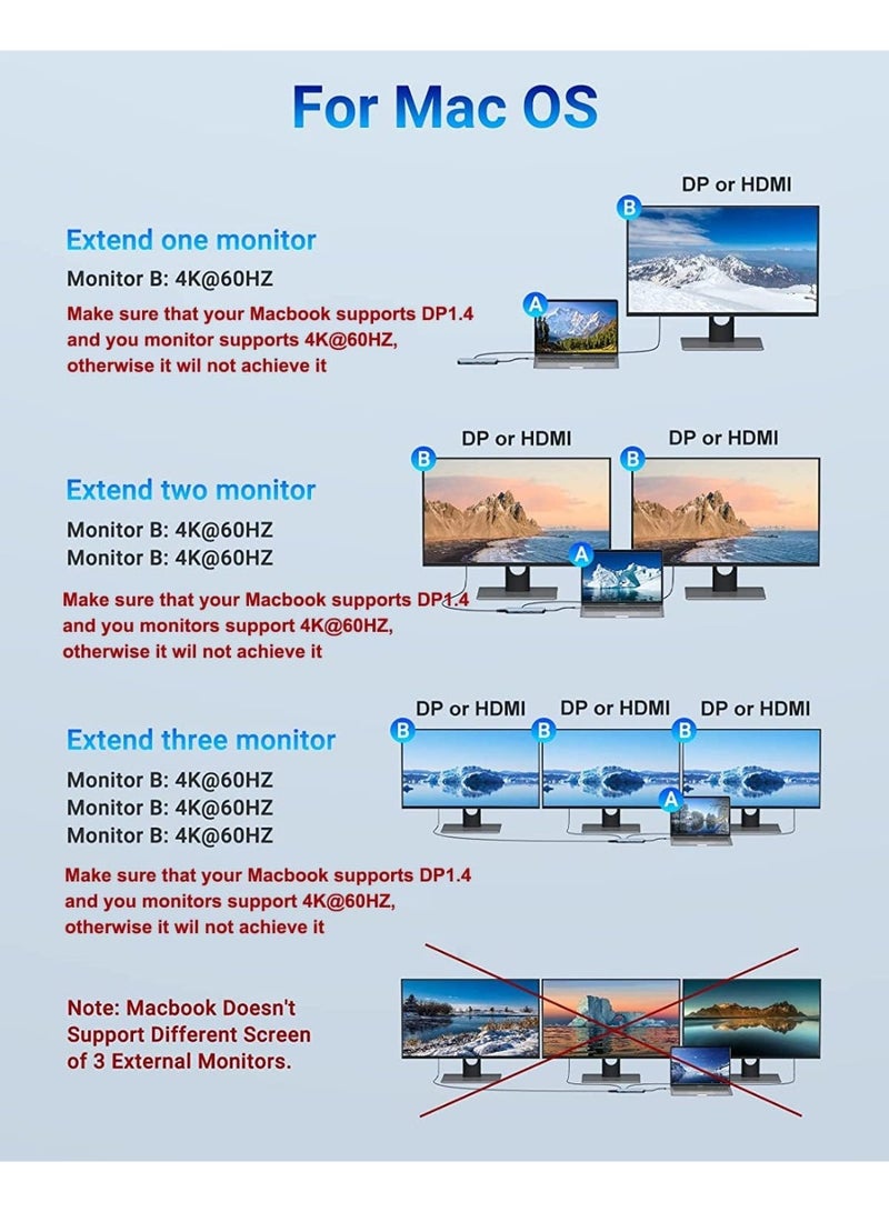 موكين قاعدة توصيل USB C مزدوجة الشاشة لشاشة واحدة بدقة 8K، وشاشة مزدوجة/ثلاثية بدقة 4K مع منفذي HDMI، ومنفذ DisplayPort، ومنفذ USB 3.1، ومنفذ USB C 3.1، ومنفذي USB 2.0، وفتحة SD وMicroSD، ومقبس صوت وميكروفون، وشحن إيثرنت وPD - Image 2