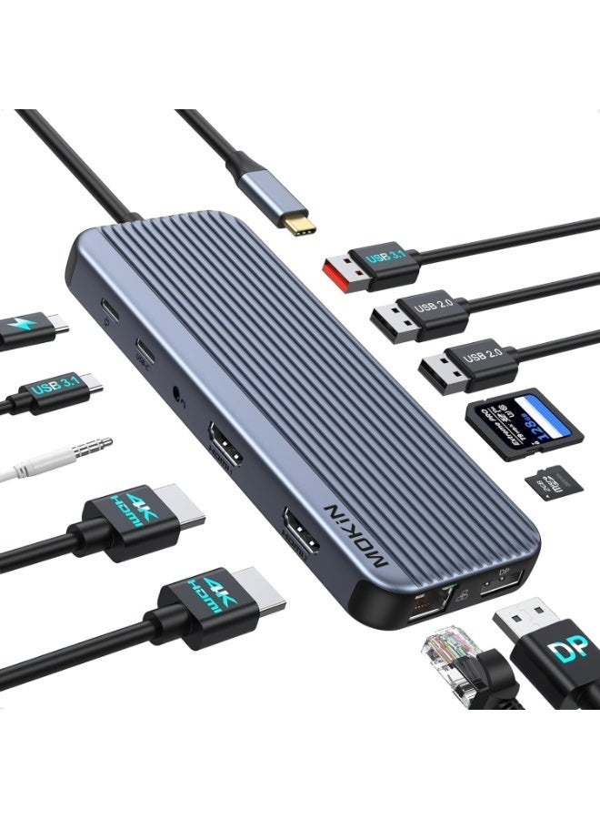 موكين قاعدة توصيل USB C مزدوجة الشاشة لشاشة واحدة بدقة 8K، وشاشة مزدوجة/ثلاثية بدقة 4K مع منفذي HDMI، ومنفذ DisplayPort، ومنفذ USB 3.1، ومنفذ USB C 3.1، ومنفذي USB 2.0، وفتحة SD وMicroSD، ومقبس صوت وميكروفون، وشحن إيثرنت وPD - Image 1